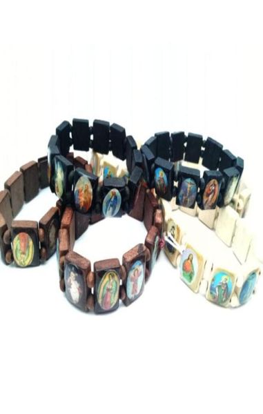 Bracelet de perles en bois Jésus Marie Saints Saints Charme Bracelets Chrétien Catholique Bijoux Cadeau Religieux Rosaire Élastique Bracel1593813