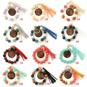 Houten Bead Armband Sieraden Luipaard Print Hand Kralen Spot Wood Bead Armbanden Handgemaakte Tassel Sleutelhanger Bangle Sleutelhangers Hanger Tas Accessoires