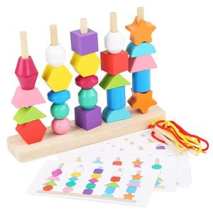 Houten kralen geometrische vorm Kleur Match Puzzelspel Bouwstenen Montessori Cognitie Rijgen Threading Vetersluiting Kralen Speelgoed 240110