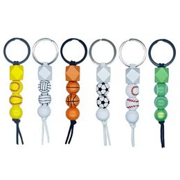 Porte-clés en perles en bois pendentif sport basket-ball football baseball pompon porte-clés en bois perle porte-clés porte-clés FY3942 P0928