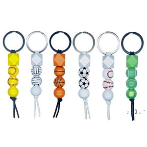 Porte-clés en perles en bois pendentif sport basket-ball football baseball pompon porte-clés en bois perle porte-clés porte-clés GWB15691