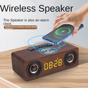 Haut-parleur Bluetooth en bois horloge charge sans fil extérieur Portable rétro son double klaxon AlarmAudio LED horloges haut-parleurs de bureau