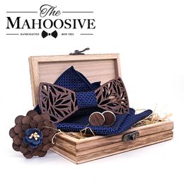 Houten stropdas handchief set houten bowtie manchetknopen bloemen banden reversbloem broche corbata gravata voor mannen noeud papillon