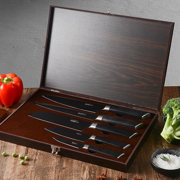 Caja de madera, juego de cuchillos de cinco piezas, mango de madera colorido, cuchillo de Chef, juego de regalo, cuchillo de utilidad, cuchillo de fruta multifuncional