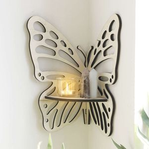 Butterfly en bois Écoute d'étagère de rangement en cristal, décoration de mur de maison minimaliste de maison