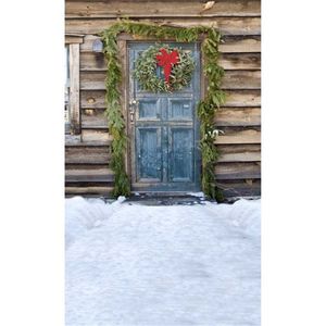 Houten hut blauwe deur winter sneeuw kerstfotografie achtergrond groene krans openlucht toneel kinderen kinderen studio foto shoot achtergrond