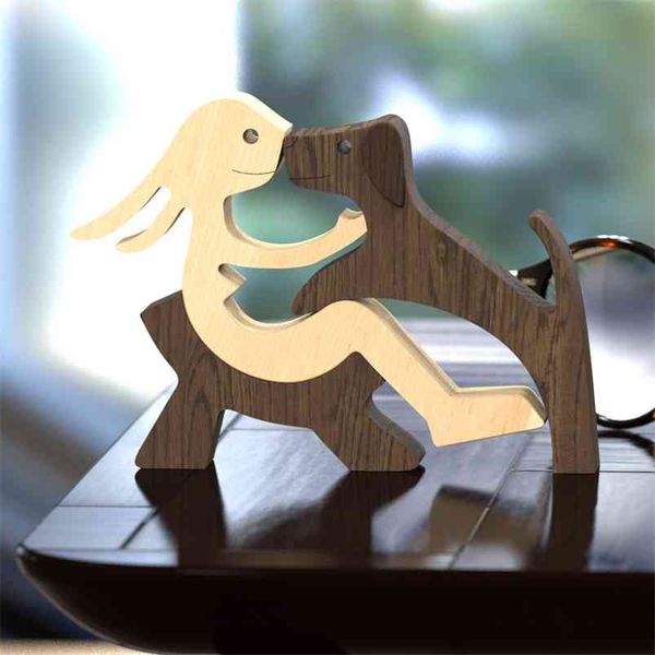 Figuritas de gato de madera, arte artesanal para perros, talla pequeña, adorno de Animal pequeño, mujer, hombre y cachorro, decoración de oficina, regalo de pareja 210811