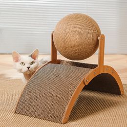 Houten kattenkrabber Sisal kattenkrabbal 2 in 1 slijtvaste slijppoot speelgoed krasplank massief houten schraper voor katten 240227