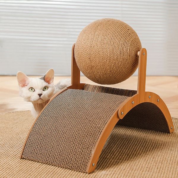 Grattoir en bois pour chat en sisal, boule à gratter 2 en 1, résistant à l'usure, jouet de patte de meulage, planche à gratter, grattoir en bois massif pour chats 240227