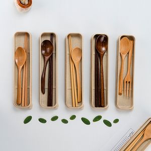 Baguettes en bois cuillères ensemble de couteaux ensemble de vaisselle Portable avec boîte d'emballage pour voyage Camping