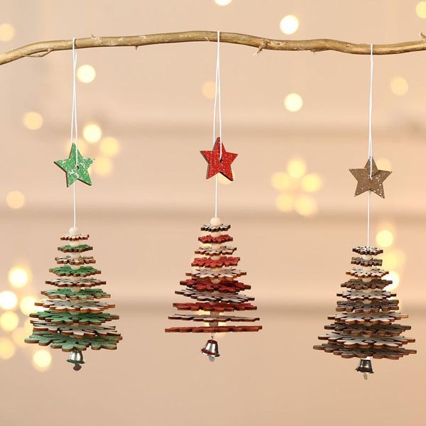 Pendentif de Noël en bois créatif étoile à cinq branches flocon de neige cloche arbre de Noël suspendu petits ornements fête décor coloré RRA268