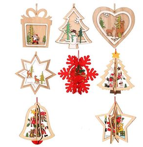 Houten Kerstboom Opknoping Ornamenten Decoraties Elanden Herten Sneeuwman Santa Snowfake Patroon Hangers Home Venster Decor Crafts