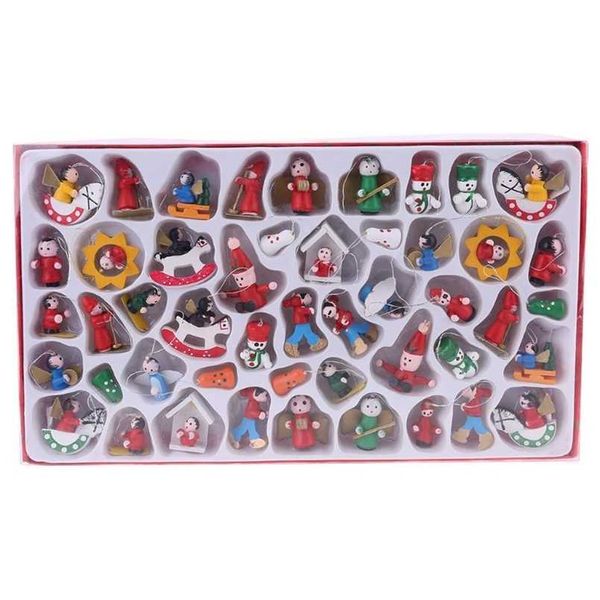 Adornos de madera para árboles de Navidad - Conjunto de 48 figuras de adornos Papá Noel Muñeco de nieve Ángeles Tiny Colgando Vintage Miniatura Decorat 211019