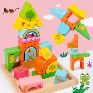 Houten gekleurde oorachtige educatieve bouwsteen set speelgoed creatieve geometrische vormen stapelen spel kinderen houten scène gebouw speelgoed