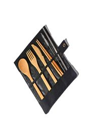 Wooden Dinnerware Set Bamboo Teaspoon Fork Soup Knife Catering Cutlery Sets with Cloth Bag Kitchen Cooking Tools Utensil KKA44457024292