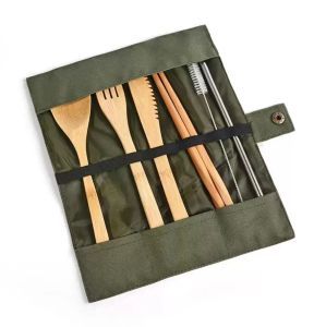 Juegos de vajilla de madera, cucharadita de bambú, tenedor, cuchillo para sopa, juegos de cubiertos para Catering con bolsa de tela, utensilios de cocina, cubiertos, utensilio