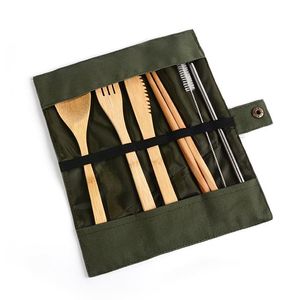 Juego de vajilla de madera Cucharadita de bambú Tenedor Cuchillo de sopa Catering Juegos de cubiertos con bolsa de tela Utensilios de cocina Utensilio SN274