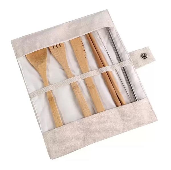 Ensemble de vaisselle en bois cuillère à café en bambou fourchette couteau à soupe restauration ensembles de couverts avec sac en tissu cuisine outils de cuisine ustensile en gros EE