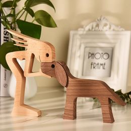 Figurine de chien et d'artisanat humain en bois, décoration créative 3D pour la maison et le bureau, Statue d'homme, jouet en bois, bureau écologique, 240123