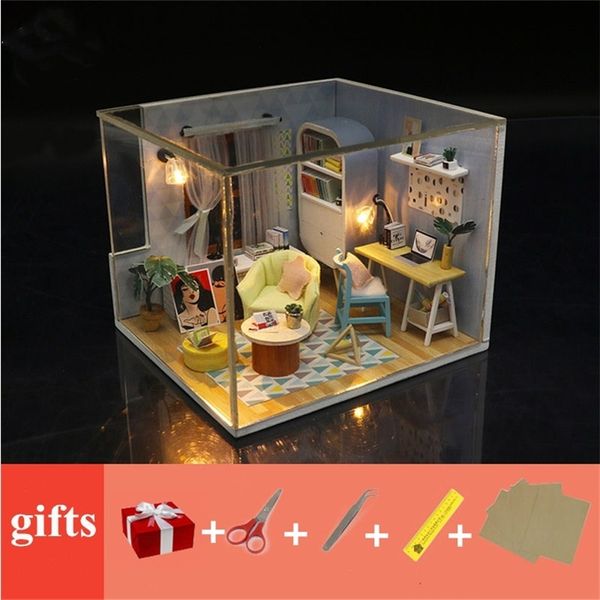 Meubles de maison de poupée en bois pour enfants, miniatures de maison de poupée de bricolage avec lumière LED, kit 3D, cadeau d'anniversaire, modèle de maison, jouets pour enfants 201217