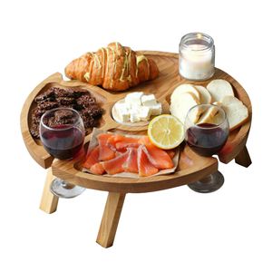 Table de pique-nique pliante en bois, bar de cuisine créatif portable 2 en 1, support à verres à vin, tables à vaisselle compartimentées pour fromage et fruits pour l'extérieur