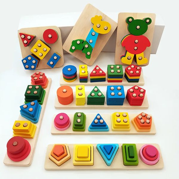 Forme géométrique en bois cinq ensembles de colonnes colonne Montessori jouets éducation précoce blocs de construction cognitifs jouet cadeau 240124