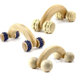 Houten handheld body roller 4 wielen ballen massagerarm been achterste voet hand nek schouder spier pijnmassa massage gereedschap