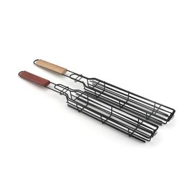 Poignée en bois barbecue cage camping pique-nique barbecue outils de viande extérieure