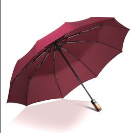 Houten Handvat Heren Relatiegeschenk Paraplu Britse Stijl Volautomatische Drievoudige Paraplu Regen of Zonneschijn WH0334