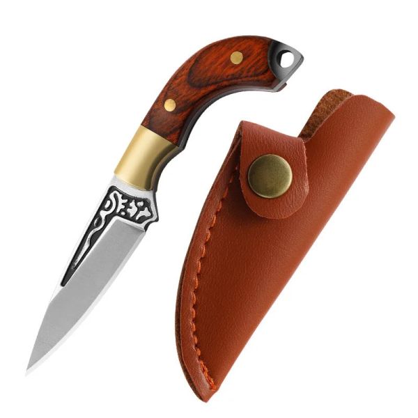 Handle en bois Mini Pocket Knife Keychain Unboxing Cutter avec couvercle en cuir Blade surviva Multitool Outdoor Cadeau