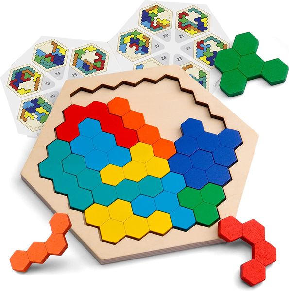 Puzzle Hexagone en Bois Jouet pour Enfant Adulte Forme Bloc de Motif Tangram Casse-tête Jouets Géométrie Logique IQ Jeu STEM Montessori Cadeau Éducatif pour Tous Les Âges Défi