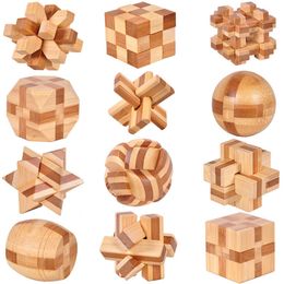 Houten in elkaar grijpende Burr Puzzle Luban Lock Fidget Toy Intelligence Challenge Puzzles Games Stress Relief Decompressie Toys Angst Reliever