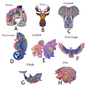 Puzzles en bois Moose Elephant Sea Horse Goldfish Eagle Dolphin Lion Beautiful Arts and Crafts Unique Puzzle en forme d'animal Meilleur cadeau pour adultes enfants A3 A4 A5