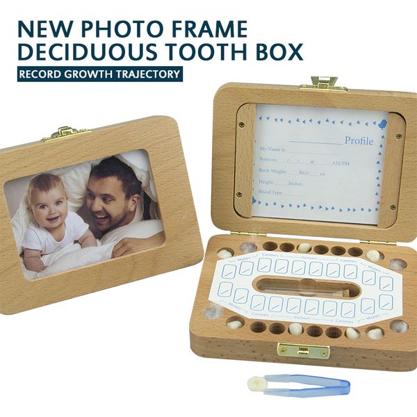 Caja de madera para niños Organizador de dientes Colección de dientes de leche Almacenamiento de madera Marco de fotos para niños Caja de preservación de dientes deciduos Memor LJ201105