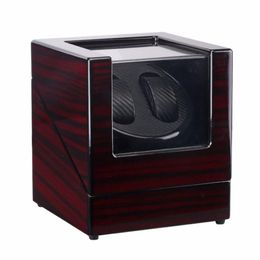 Caja enrolladora de reloj doble de fibra de carbono negra brillante, Piano lacado de madera, estuche de exposición de almacenamiento de Motor silencioso, enchufe estadounidense, agitador de reloj 244Y