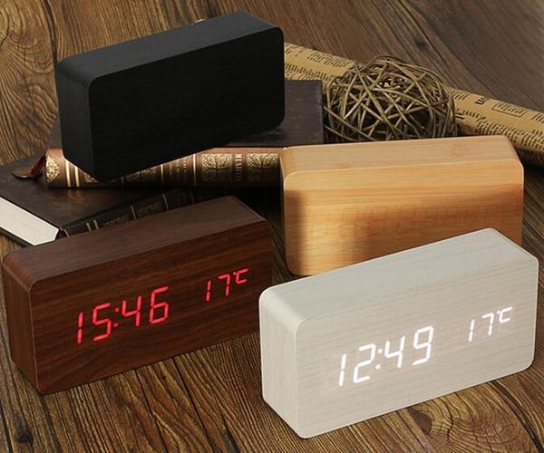 Nuevo Producto, Reloj Despertador LED de madera + hora/fecha/temperatura, Reloj Digital de madera de bambú, relojes de mesa activados por voz, Reloj Despertador Wekker