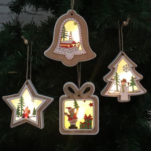 Wooden LED arbre de Noël ornement de santa claus décoration de bonhomme de bonhomme de neige suspendu ornements avec lumière de la cloche de la cloche Star de Noël léger BH4874 WLY