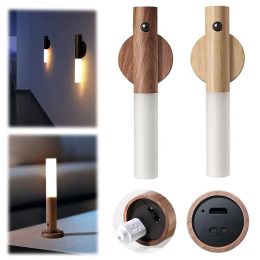 Luz LED nocturna de madera, lámpara magnética portátil recargable por USB para dormitorio, Sensor de movimiento, luz inteligente para escalera LL