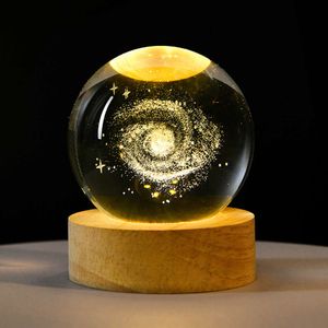 Base lumineuse en bois avec boule en cristal sculpté 3D, système solaire étoile, bureau créatif, cadeau de décoration de lumière nocturne