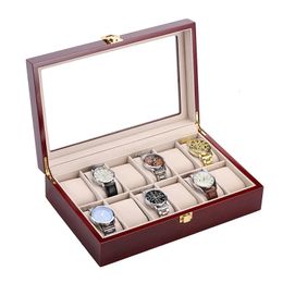 Boîte de montre de luxe en bois 2/3/5/6/10/12 Slots Rouge Boîtes à vocar Vernis Home Bijoux Storage Organisateur Transparent Verre Transparent 240518