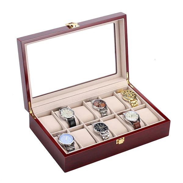 Caja de reloj de lujo de madera 2/3/5/6/10/12 Slots Cajas rojas de estufas Varniz Organizador de almacenamiento de joyería para el hogar Show de vidrio transparente 240518