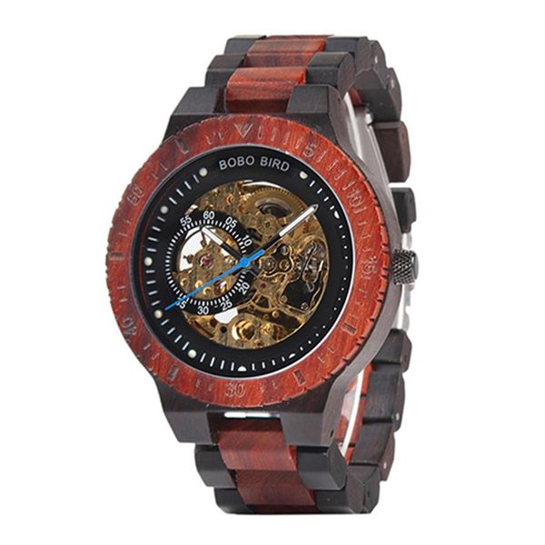 Montre mécanique en bois pour hommes avec boîtier au design rétro avec étiquette dorée à côté de la montre-bracelet automatique et multifonctionnelle283j