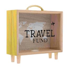 Fonds de voyage en bois en bois Piggy Bank Vacation Suitcase Case de trésor comptant le pot 240518