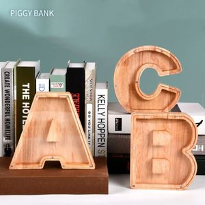 Houten geldopslag pot transparant geldbesparende doos 26 Engelse alfabetbrief piggy banken diy creatief geschenk u0304