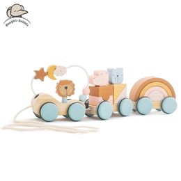 Houten Montessori Toys Animal Block Train Building Stapel speelgoedduw en trek de trolley handmatig babybalans geschenken 240407