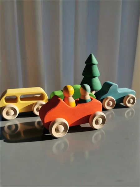 Madera Montessori Toys Rainbow Apilador Puente Basswood Cars Truck Trees for Kids Bloques educativos