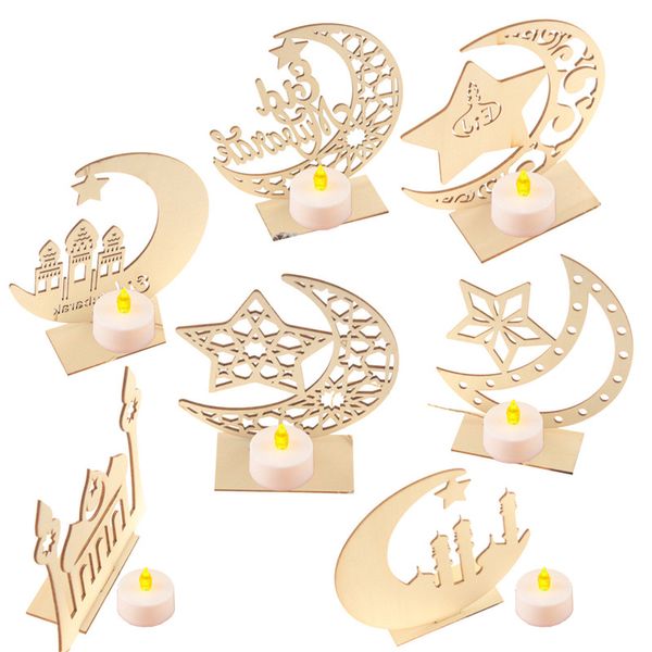 Ornements en forme de lune en bois bricolage décoration de bureau musulman Ramadan décor décoration de la maison avec ensemble de corde de chanvre LED