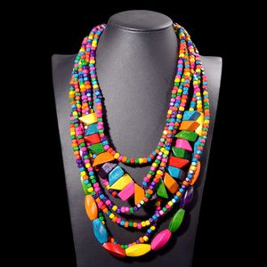 Collier long perlé multicouche en bois avec collier de style bohème, chaîne de pull pour femmes