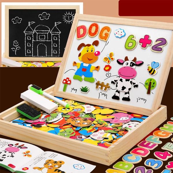 Madera multifunción niños rompecabezas de animales escritura tablero de dibujo magnético pizarra aprendizaje educación juguetes para padres e hijos 240307
