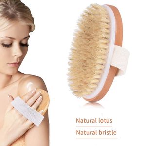 Brosse de bain ovale en bois Pentres de sanglier naturel Brosses de corps s￨ches exfoliant le traitement de la cellulite de la cellulite circulation sanguine WLL510